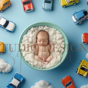 新生児向けのミニマルなデジタル背景、デジタル写真用小道具バスケット、頭上の巣、男の子向けのオーバーレイ デジタル合成、車のデジタル背景