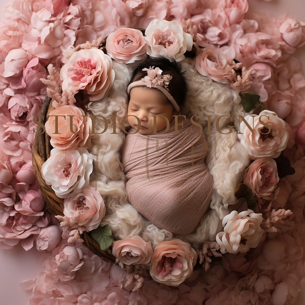 Digital Backdrop Newborn Girl Pink Floral Basket, Newborn Digital Photo Prop, Newborn Digital Background Girl Prop, Pink  Flowers
