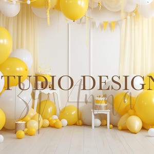 Children birthday Backdrop,Digital composition, balloons ONE  , composite, cake smash background, balloon arch, baby boy girl, yellow