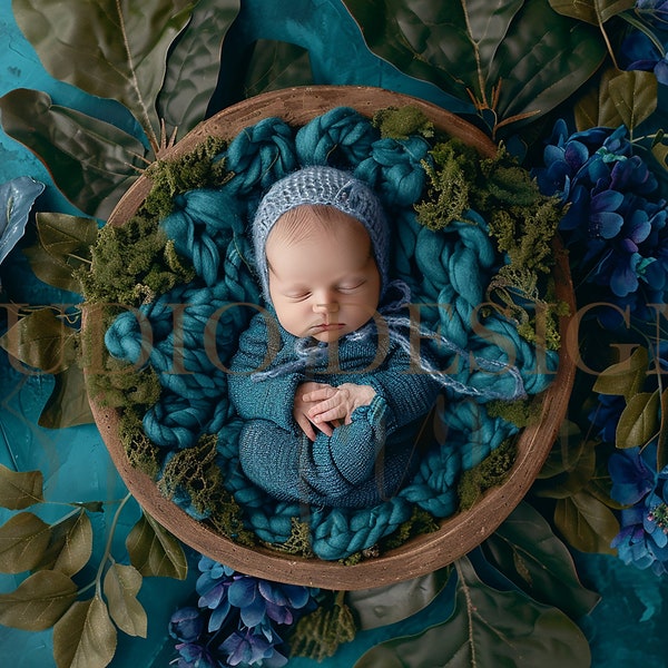 Digital Backdrop Newborn Blue Floral Basket, Newborn Digital Photo Prop,baby Digital Background Girl boy Prop,  Flowers composite overhead