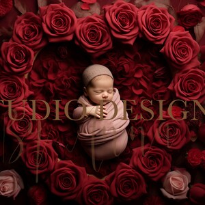 May include: A newborn baby sleeping in a heart-shaped arrangement of red roses. The baby is wearing a white hat and a pink swaddle. The text "STUDIO DESIGNS" is visible in the image.