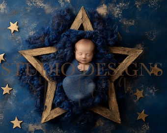 Digital Backdrop Newborn Background, baby Digital Photo Prop, Star bucket,  Digital Background Boy Prop Stars, Blue Gold, Overhead overlay