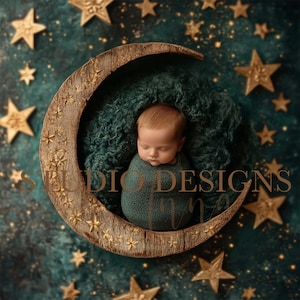 Digital Backdrop Newborn Clouds and Stars, Newborn Digital Photo Prop, Newborn Digital Background Boy Prop, Blue and White, gold, moon