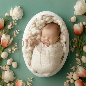 May include: A newborn baby sleeping peacefully in a white, fluffy nest, surrounded by a floral arrangement of white and peach tulips and white flowers on a teal background.