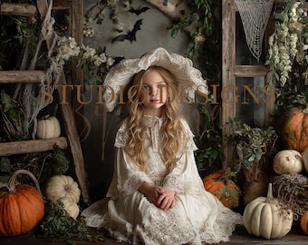 Può includere: Una giovane persona con un vestito e un cappello color crema è seduta tra zucche e fogliame autunnale. La scena è decorata con una scala di legno, pipistrelli e una ragnatela, creando un tema di Halloween o autunnale. Le zucche variano per dimensioni e colore.