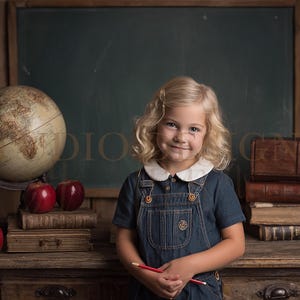 Può includere: Una bambina in tuta di jeans con colletto bianco, con una matita rossa, è in piedi davanti a una lavagna. Un mappamondo, libri e mele rosse sono su una scrivania di legno, creando un tema scolastico vintage.