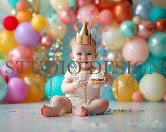 Kindergeburtstag Hintergrund, digitale Komposition, Ballons Hintergrund, bunt zusammengesetzte, Kuchen zerschlagen Hintergrund, Ballonbogen, bunt