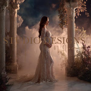 May include: A woman in a cream lace gown stands in a classical setting with columns and foliage. The background features a cloudy sky and the text "STUDIO DESIGNS mama". The image has a soft, ethereal quality.