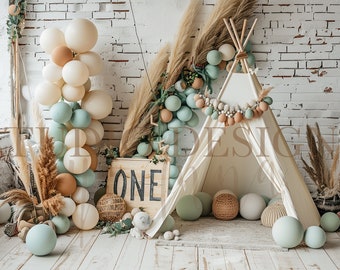 Kinder Geburtstag Digital Backdrop, Digitale Komposition, Ballons Hintergrund, bunt zusammengesetzte, Kuchen zerschlagen Hintergrund, Boho, rustikal