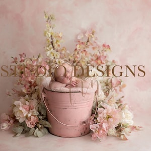 Op de afbeelding: Een pasgeboren baby rust in een roze emmer, omringd door roze en crèmekleurige bloemen. De achtergrond is zachtroze met de woorden "STUDIO DESIGNS" in bruin.