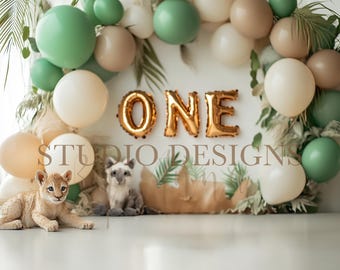 Children birthday Digital Backdrop ONE Digital composition balloons backdrop cake smash background, safari animal balloons wildlife