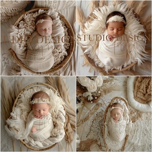 May include: Four newborn babies are swaddled in white blankets and sleeping in woven baskets. The baskets are decorated with white fur and are placed on a variety of surfaces, including a white rug, a wooden floor, and a white blanket. The babies are wearing headbands with flowers and are all sleeping peacefully.
