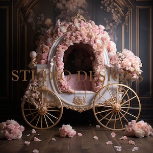 プリンセス キャリッジ デジタル背景、新生児デジタル背景、花の背景マタニティ写真オーバーレイ、写真小道具、魔法の背景