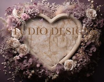 Digital Backdrop Newborn Floral Heart Bowl, Newborn Digital Photo Prop, Newborn Digital Background Girl Prop, Pink Purple Composite