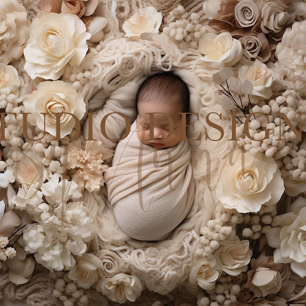 Digital Backdrop Newborn Girl Neutral Floral Bowl,Digital Photo Prop, overhead floral nest, overlay Basket, digital composite white roses