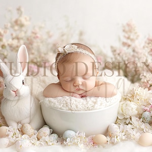 May include: A newborn baby girl sleeping in a white bowl surrounded by white and pink flowers and a white rabbit. The baby is wearing a white headband with a flower accent.