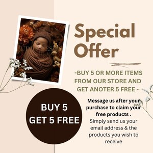 May include: A special offer advertises a buy 5 get 5 free deal on items from a store. The ad features a photo of a baby wrapped in brown fabric and surrounded by orange flowers. The text "BUY 5 GET 5 FREE" is displayed in a brown circle.