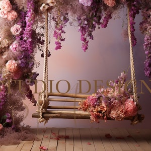 Floral Swing, Newborn and Maternity Digital Background, children Backdrop, Floral Backdrop Maternity Photography Overlay, Photo Prop, Pink