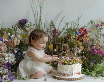 May include: A baby in a white dress sits near a cake decorated with flowers. The cake is on a wooden base, surrounded by colorful flowers and greenery. The scene is set against a white background.