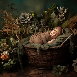 Digital Backdrop Newborn Floral Basket, Newborn Digital Photo Prop, Newborn Digital Background,  Flowers, Greenery, Leaves, Woodland Flowers