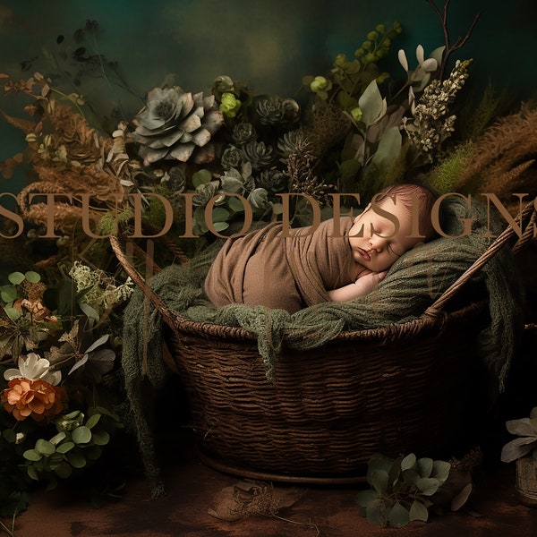 Digital Backdrop Newborn Floral Basket, Newborn Digital Photo Prop, Newborn Digital Background,  Flowers, Greenery, Leaves, Woodland Flowers