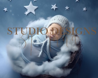 Face insert newborn Digital Backdrop, Newborn Digital Photo Prop clouds and stars,Digital Background  composite, Blue and White basket