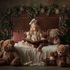 May include: A young child sits on a bed reading a book, surrounded by teddy bears. The bed has a brown headboard decorated with greenery and flowers. The scene is warmly lit, creating a cozy atmosphere.