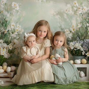 May include: Three girls in white and green dresses pose in front of a floral backdrop. The girls are holding stuffed animals and are surrounded by white and blue flowers.