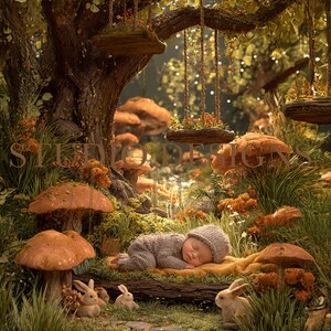 Può includere: Un neonato, vestito con un completo e un cappello di maglia grigia, dorme pacificamente su una coperta gialla in una scena boschiva fantastica. La scena comprende grandi funghi, conigli e altalene di legno sospese, creando un'atmosfera magica.
