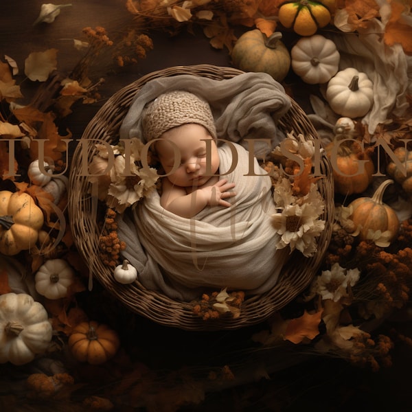 Digital Backdrop Newborn Autumn Basket, Newborn Digital Photo Prop, Newborn Digital Background Prop,  Leaves, Pumpkin, Halloween, Baby Prop