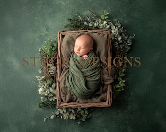 May include: A newborn baby wrapped in a green blanket, nestled in a wooden basket. The basket is surrounded by greenery and placed on a dark green textured background. The word "STYLEDESIGNS" is printed in the image.