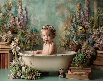 Sfondo digitale per neonato con fiori per il bagno, accessorio fotografico digitale per neonato, accessorio per composizione digitale per neonati, bagno, sovrapposizione fotografica