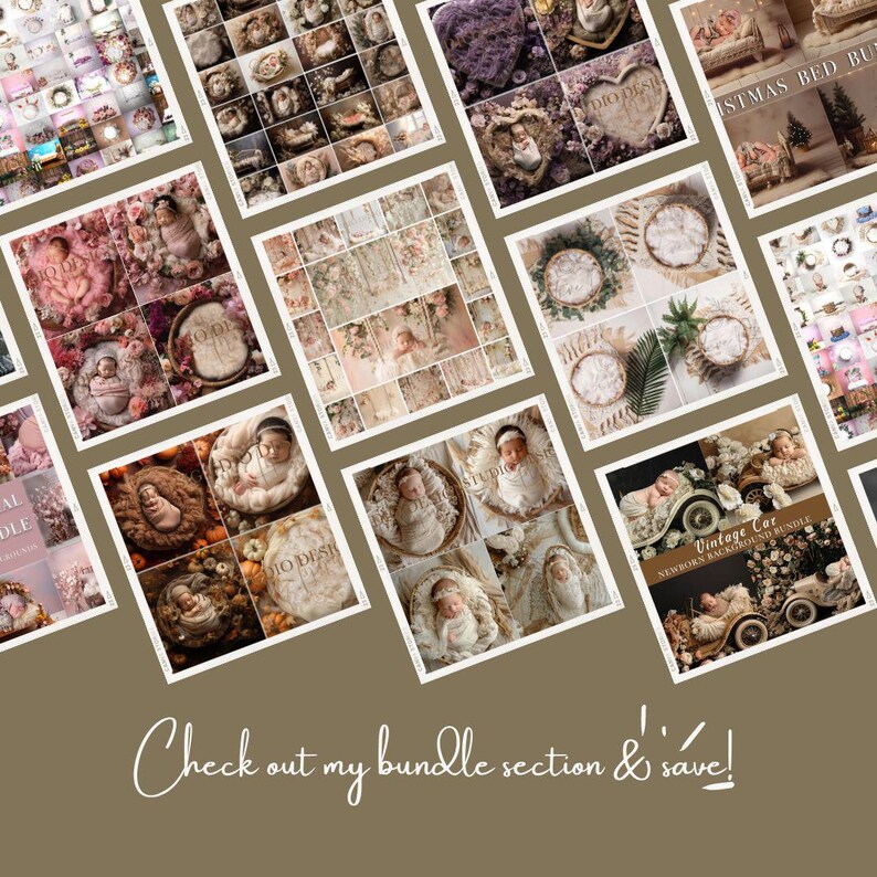 K&ouml;nnte beinhalten: Eine Collage von Neugeborenen-Fotografie-Hintergr&uuml;nden und Requisiten, darunter Blumenarrangements, ein Oldtimer und gem&uuml;tliche Nester. Die Bilder zeigen sanfte Farben und Texturen, mit dem Text "Check out my bundle section & save!"