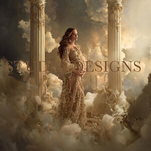 May include: A woman in a gold gown stands amidst clouds and classical columns. The dress features intricate floral detailing and long sleeves. The image has a soft, ethereal quality with the text "STD DESIGNS" overlaid.