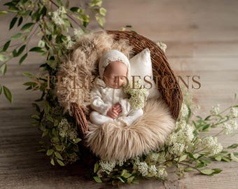 Digital Backdrop Newborn Neutral Basket, Photo Prop Nest, Newborn Digital Overlay, Overhead Baby composite, baby floral chair