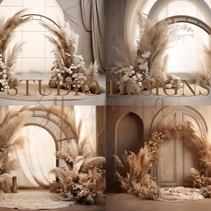 May include: Four different backdrops featuring a round archway decorated with pampas grass and white flowers. The archways are set against a variety of backgrounds, including a window, a wall, and a door. The backdrops are perfect for creating a bohemian or rustic wedding or event.