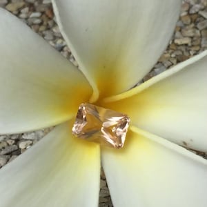 May include: A light peach-colored gemstone with a rectangular shape is nestled in the center of a white flower with yellow accents.