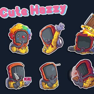 May include: Set of nine cartoon stickers featuring a character wearing a yellow and orange hazmat suit with a variety of expressions. The character is wearing a rainbow wig in one sticker and a hammer is falling on the character's head in another sticker. The text "Cute Hazzy" appears at the top of the image.