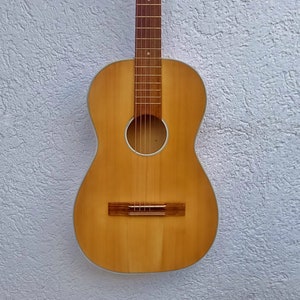Può includere: Una chitarra acustica in legno con finitura naturale. La chitarra ha un foro di suono rotondo e un ponte con una singola striscia di metallo sottile.