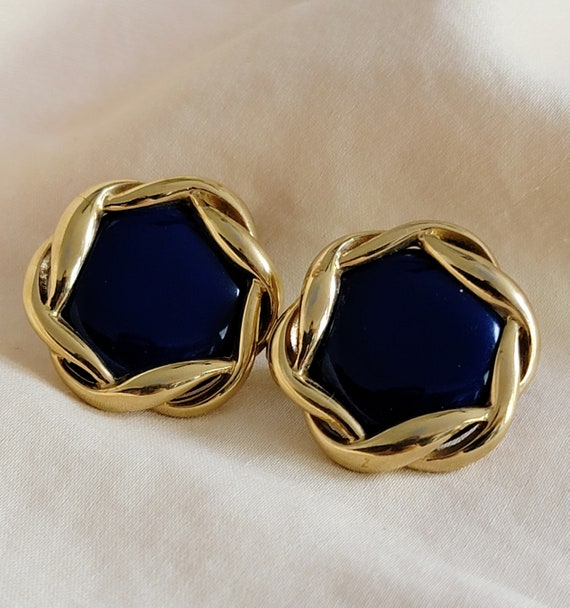 Signed NINA RICCI earrings, gold navy earrings, v… - image 2