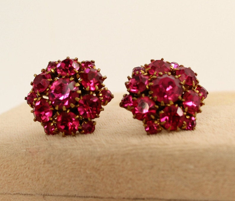 screwback earring cluster earrings Hot pink Rhinestone Cluster earring 1950s Jewelry hot pink earrings statement earring pink earrings