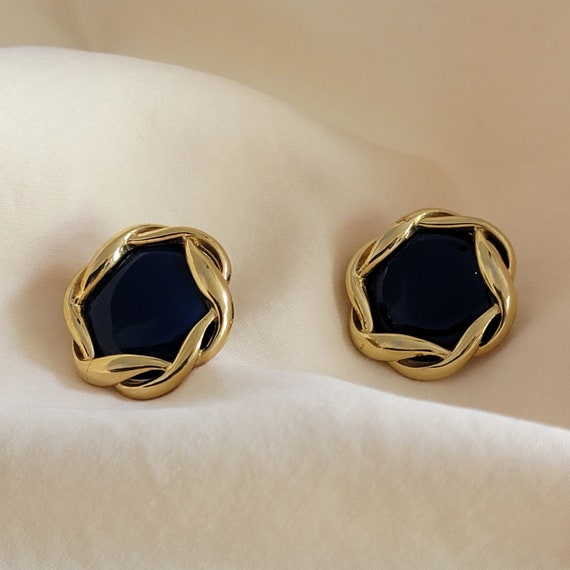 Signed NINA RICCI earrings, gold navy earrings, v… - image 6