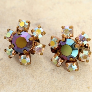 Vintage Aurora Borealis Rhinestone Flower Clip On Earrings, 1950s