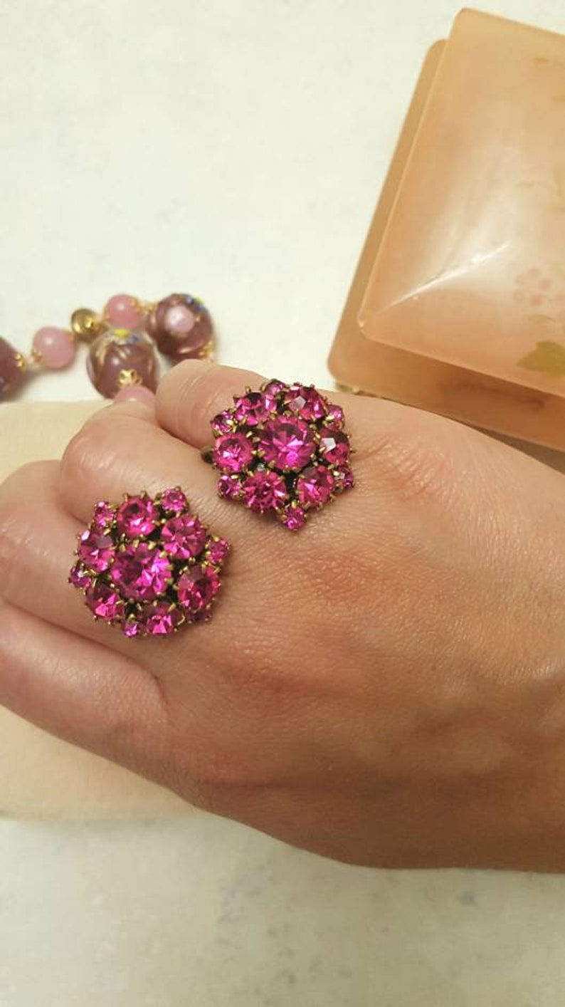screwback earring cluster earrings Hot pink Rhinestone Cluster earring 1950s Jewelry hot pink earrings statement earring pink earrings