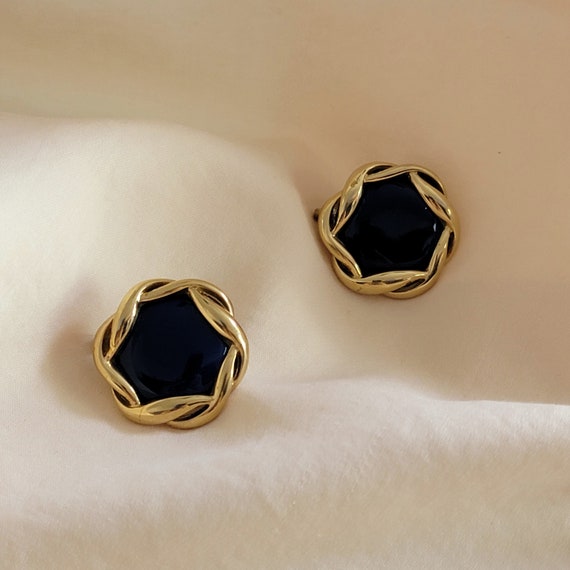 Signed NINA RICCI earrings, gold navy earrings, v… - image 9