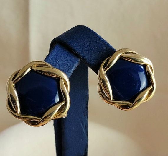 Signed NINA RICCI earrings, gold navy earrings, v… - image 1