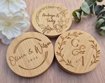 Abridor de botellas de bambú personalizado para recuerdos de boda: Imán rústico grabado