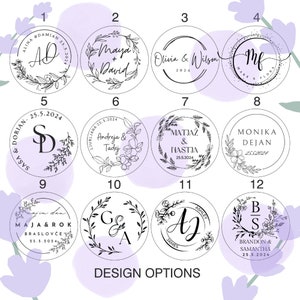 May include: Twelve circular design options for personalised seals, featuring names, initials, and dates. Each design is encircled by floral or laurel wreaths. The text "DESIGN OPTIONS" is displayed at the bottom of the image.