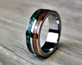 Titanium Ring with Malachite & Whiskey Barrel Wood Inlay – Handmade Men’s or Women’s Wedding Band, Engagement Ring, Whiskey Lover Gift