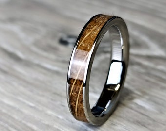 Whiskey Barrel Titanium Ring – Handmade Men’s Wedding Band – Rustic Oak Inlay – Polished or Brushed Finish – Whiskey Lover Gift